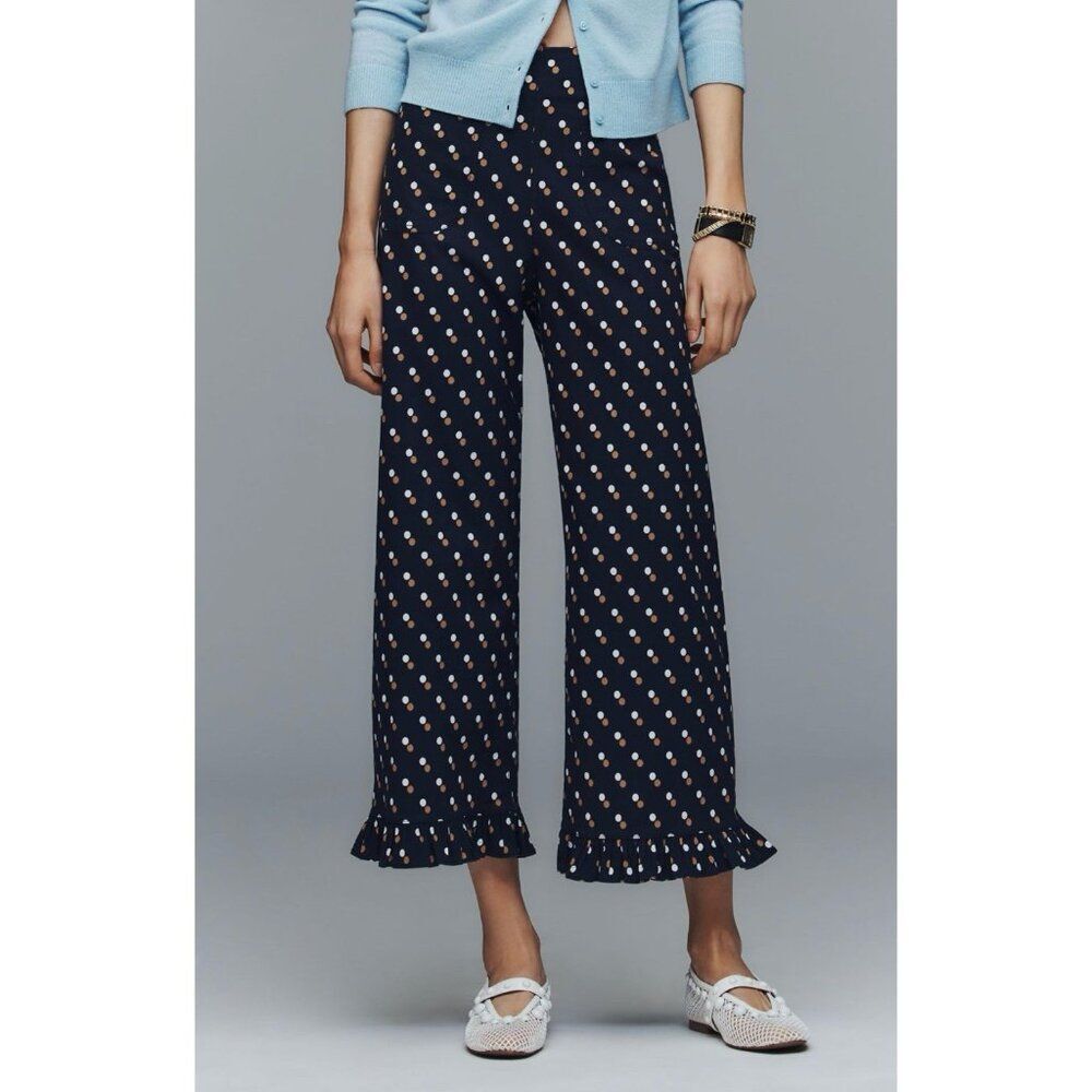 Anthropologie Maeve Colette Magic Fabric Ruffle Hem Crop Wide Leg Pants 28 Blue